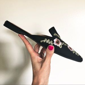 Franco Sarto Black Floral Embroidered Mules